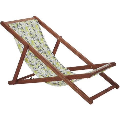 Set of 2 Folding Deck Chairs Sun Loungers Dark Acacia Yellow and