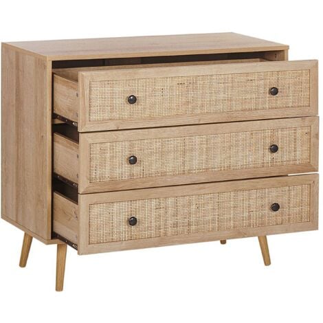 Rattan 3 Drawer Chest Wicker Front 90 x 79 cm Light Wood Pine Legs Ponca