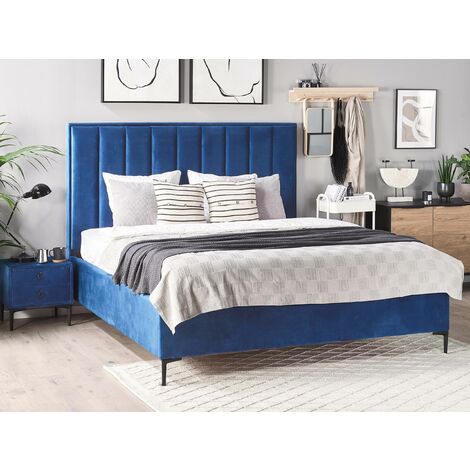 Velvet EU Double Size Bed Frame 4ft6 Navy Blue Ottoman Storage Sezanne