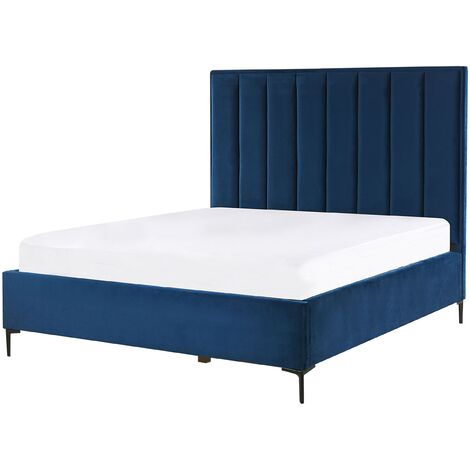 Velvet EU Double Size Bed Frame 4ft6 Navy Blue Ottoman Storage Sezanne