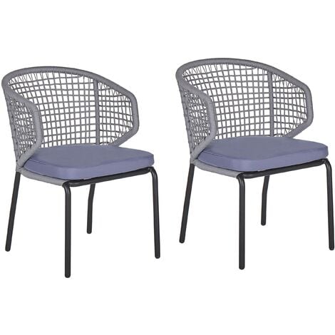 Set of 2 Outdoor Garden Chairs Metal Frame Polyester Cushions Black Grey Palmi - Grey