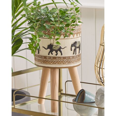 Large Tall Planter Magnesium Wooden Stand Beige Brown African Motif Kottes