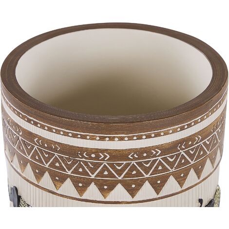 Large Tall Planter Magnesium Wooden Stand Beige Brown African Motif Kottes