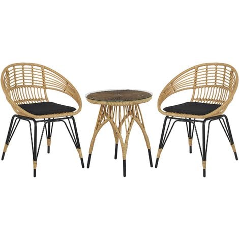Bistro Set PE Rattan Metal Legs 2 Chairs Coffee Table Natural and Black Pellaro