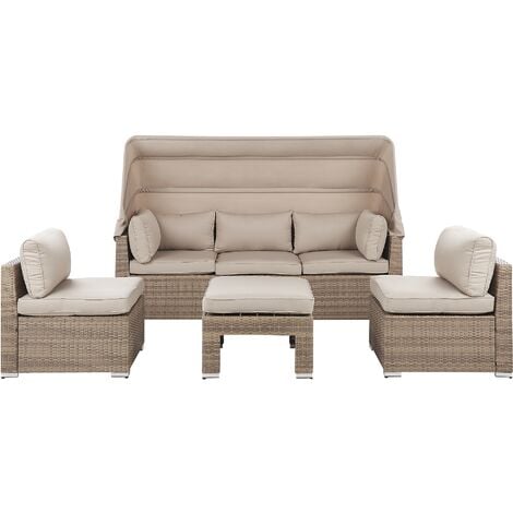 Garden Lounge Set PE Rattan Sofa Chairs Cushions Canopy 5-Seater Beige Coccolia