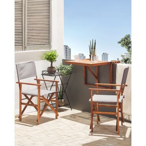Set of 2 Garden Director's Chairs Dark Acacia Wood Grey Fabric Folding Cine