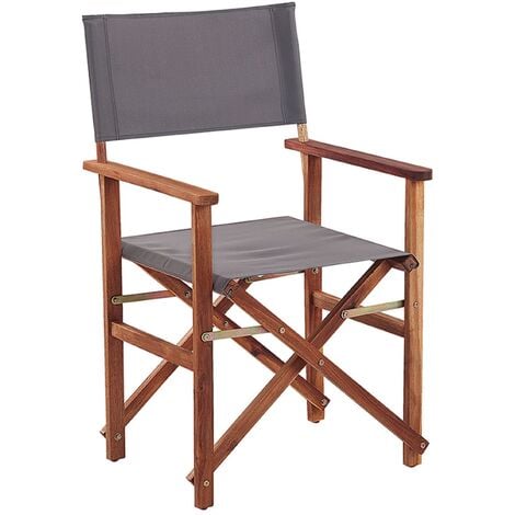 Set of 2 Garden Director's Chairs Dark Acacia Wood Grey Fabric Folding Cine