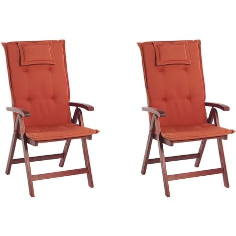 Set of 2 Garden Chairs Acacia Wood Adjustable Foldable Cushion Red Toscana
