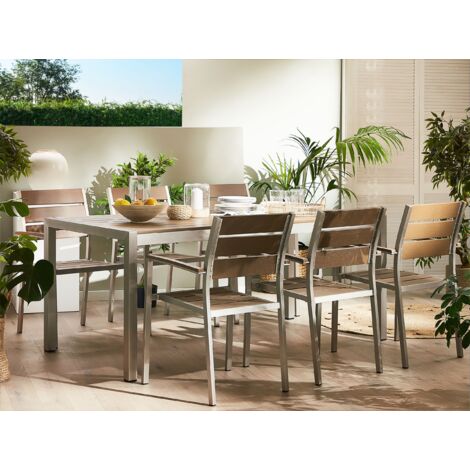 7 Piece Garden Dining Set Chairs Table Aluminium Light Wood and Silver Vernio