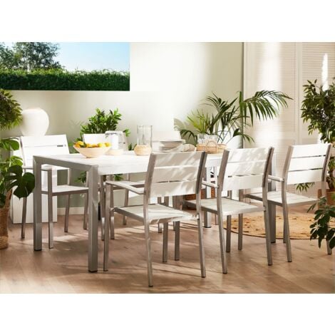 7 Piece Garden Dining Set Chairs and Table Plastic Wood Aluminium White Vernio