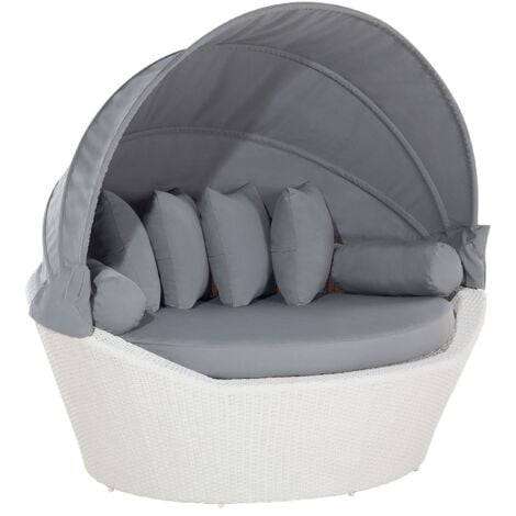 Outdoor Garden Canopy Bed Weather Resistant White Wicker Grey Cushions Sylt