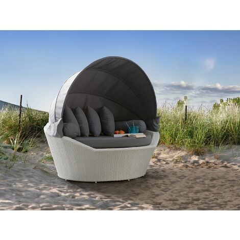 Outdoor Garden Canopy Bed Weather Resistant White Wicker Grey Cushions Sylt
