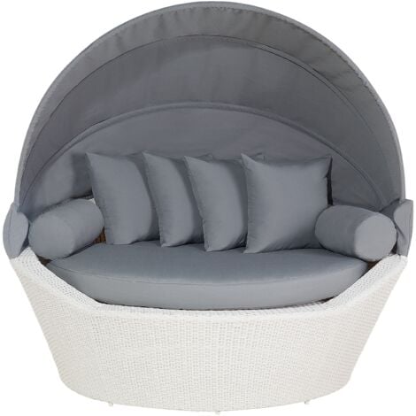 Outdoor Garden Canopy Bed Weather Resistant White Wicker Grey Cushions Sylt