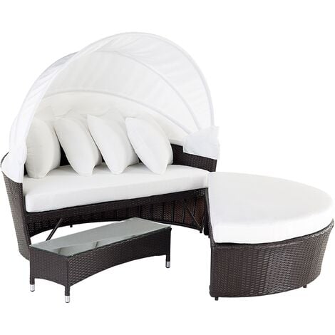 Modern Outdoor Garden Rattan Day Bed Brown Frame White Canopy with Table Sylt Lux - White