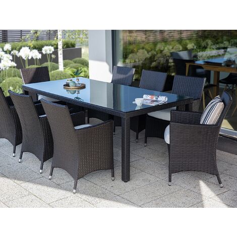 Outdoor Rectangular Brown Wicker Dining Table with Glass Top Italy
