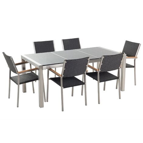 6 Seater Garden Dining Set Triple Grey Granite Top Black Rattan Chairs Grosseto - Silver