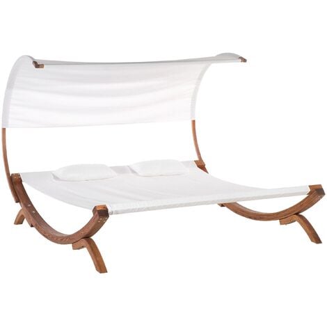 Outdoor Garden Double Sunbed Hammock Synthetic Canopy Larch Wood Base Teramo - White
