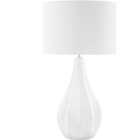 Modern Table Lamp Round Cylindrical Drum Shade Light Beige Porcelain Base Santee