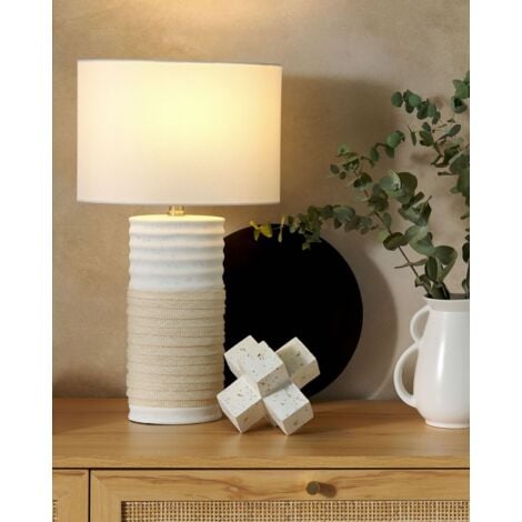 Modern Table Lamp Linen Fabric Drum Shade Beige Porcelain Base Bedside Navia