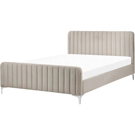 Velvet EU Double Size Bed Tufted Headboard 4ft6 Metal Legs Slatted Base Taupe Lunan