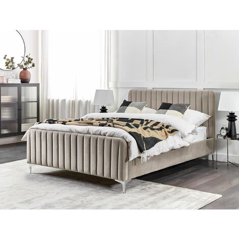 Velvet EU Double Size Bed Tufted Headboard 4ft6 Metal Legs Slatted Base Taupe Lunan