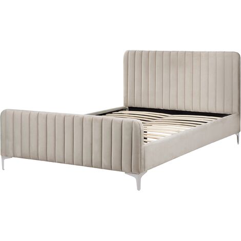Velvet EU Double Size Bed Tufted Headboard 4ft6 Metal Legs Slatted Base Taupe Lunan