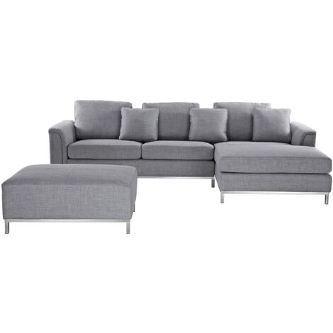 Corner Sofa 5 Seater OSLO Fabric Light Grey with Ottoman Left Hand