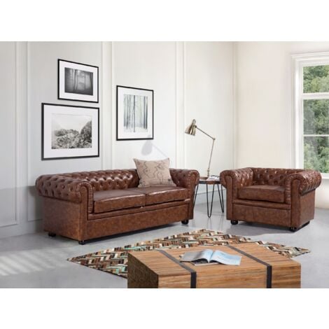PU Leather Sofa 3 Seater Button Tufted Scroll Arms Golden Brown Chesterfield