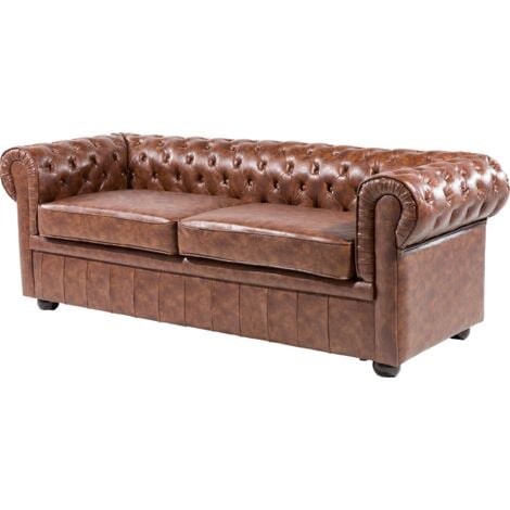 PU Leather Sofa 3 Seater Button Tufted Scroll Arms Golden Brown Chesterfield
