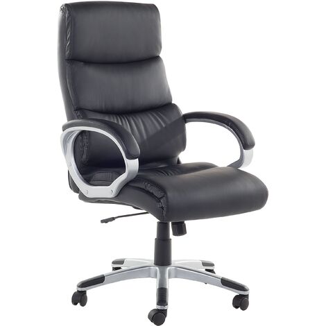Modern Faux Leather Swivel Office Chair Black Adjustable Silver Base King - Black