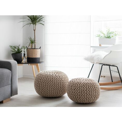 Modern Knitted Round Pouffe Ottoman Cotton Beige 40 x 25 cm Conrad