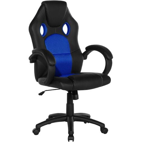 Modern Faux Leather Swivel Office Chair Mesh Gaming Adjustable Navy Blue Rest - Black