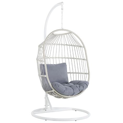 Hanging Egg Chair Beige Boho Rope Metal Stand Wicker Soft Cushion Alba