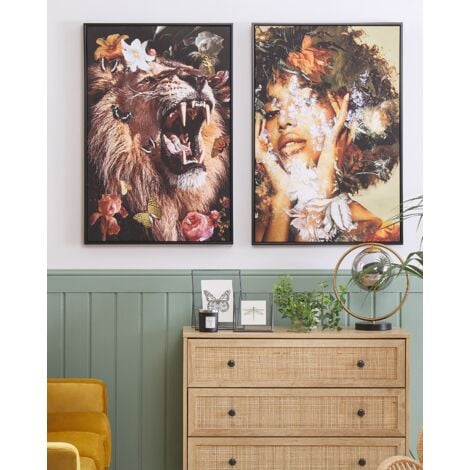 Framed Canvas Wall Art Lion Print 63 x 93 cm Animal Motif Multicolour Marradi