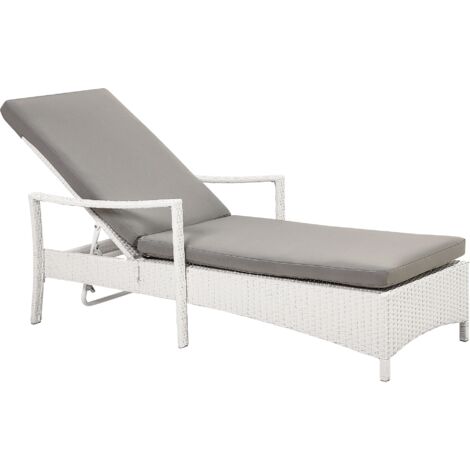 Outdoor Garden Chaise Lounge Wicker Grey Cushion Adjustable Backrest White Vasto - White