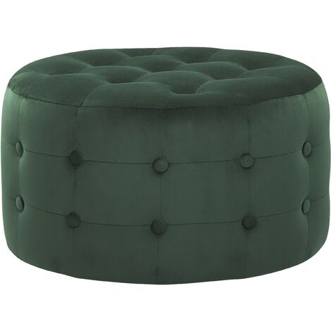 Round Footstool Button-Tufted Velvet Fabric Bedroom Living Room Dark Green Tampa - Green