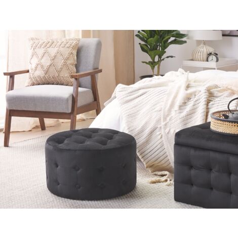 Round Footstool Button-Tufted Velvet Fabric Bedroom Living Room Black Tampa