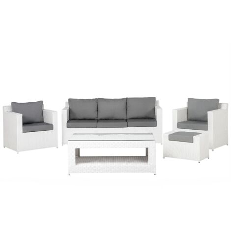Garden Lounge Set with Table and Ottoman 6 Seater ROMA PE Rattan White