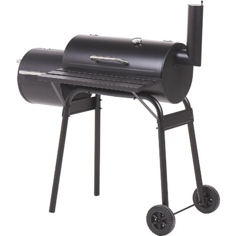 Garden Charcoal BBQ Grill with Lid Wheeled Offset Smoker Thermometer Black Katla - Black