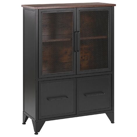 Industrial Sideboard Storage Cabinet 4 Doors Metal Legs Dark Wood Black Vince - Black