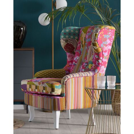Button Tufted Accent Wingback Armchair Patchwork Multicolour Upholstery Pink Molde