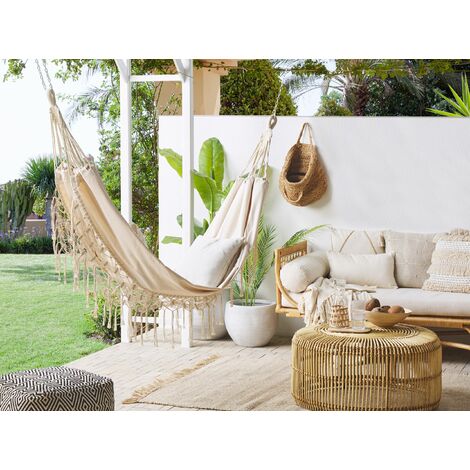 Indoor Outdoor Boho Style Hanging Hammock Swing Cotton Seat Beige Rocca