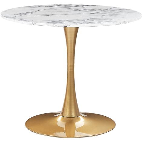 Dining Table Industrial White Marble with Gold Round MDF Metal Base 90 cm Boca