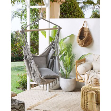 Indoor Outdoor Boho Hanging Hammock Swing Chair Cotton Seat Light Grey Bonea