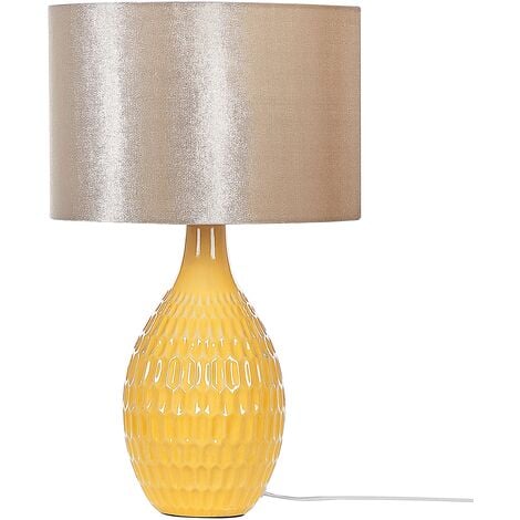 Table Lamp Retro Yellow Ceramic Base Shade Embossed Glossy 54 cm Haddas