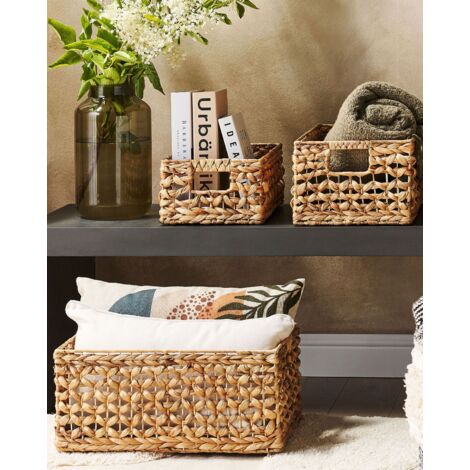 Set of 3 Water Hyacinth Basket with Handles Natural Woven Accessory Minnow