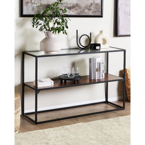 Modern Console Table Glass Tabletop Metal Frame Storage Shelf Dark Wood 122 x 40 cm Taos