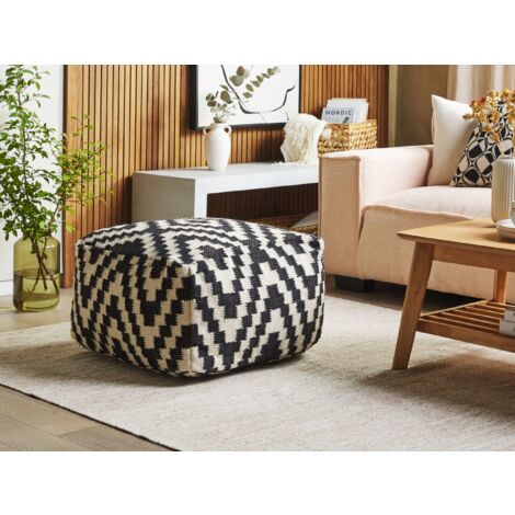 Modern Knitted Square Pouffe Ottoman Wool 56 x 56 cm Black and White Knidos