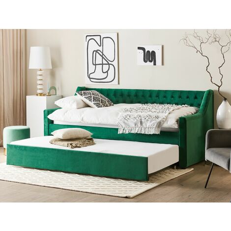 Glam Velvet EU Single Trundle Bed 3ft Green Slatted Frame Buttons Montargis