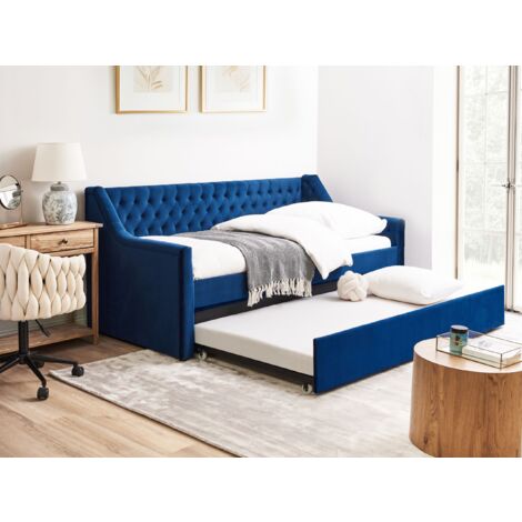 Glam Velvet EU Single Trundle Bed 3ft Blue Slatted Frame Buttons Montargis